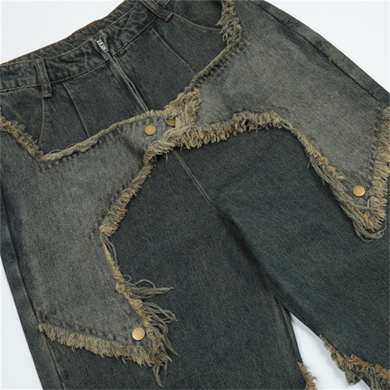 Five-Pointed Star Patch Raw Edge Jeans